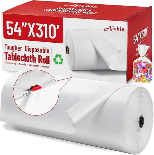 Plastic Table Cloth, 310 Ft x 54 in Disposable Tablecloth White Plastic Tablecloth with Any Cut Sliding Cutters and 100 Bags Premium PEVA Table Cover Roll for Picnics, Parties, Birthdays, Weddings