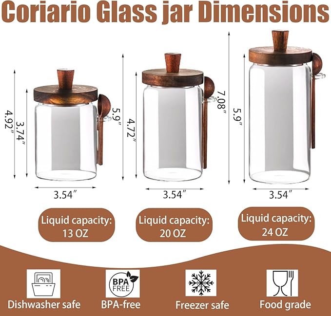 Coriario 20 OZ Glass Jar with Airtight Lid Spoon Clear Glass Candy Jars Wooden Handle Lids Wide Mouth Glass Coffee Storage Canister for Food Kitchen Sugar Cookie Tea Decorative