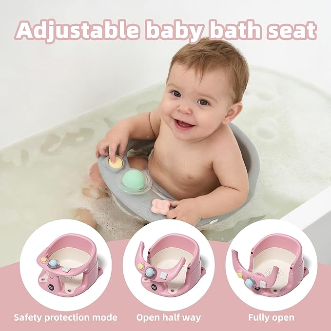 Baby Bath Seat for Babies 6 Months & up with Thermometer, Non-Slip Toddler Bath Seats for Sitting Up, Safe Infant & Newborn Bathtub Chair with 4 Suction Cups, Soft Cushion & Temperature Display, Pink