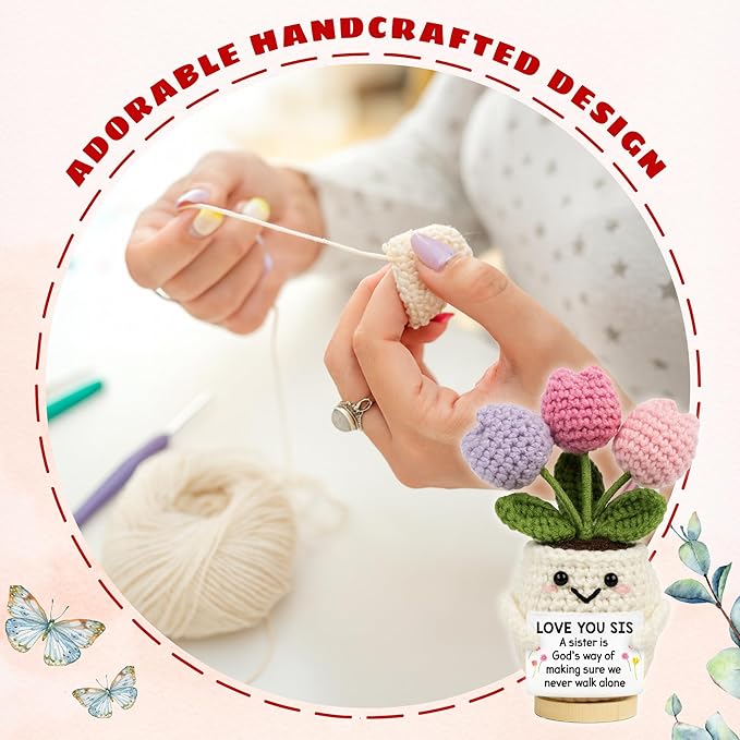Sister Gifts from Sisters - Funny Mothers Day, Birthday Gifts for Big Little Soul Sisters - 5.51'' x 4.13'' Knitted Inspirational Positive Tulip Flowers Sister Crochet Doll