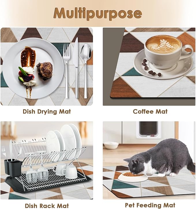 Arttown Coffee Mat for Countertops, Modern Minimalist Geometric Patchwork Brown Dish Drying Mat 2 Pcs for Kitchen Bar Accessories, Coffee Maker Espresso Machine Dish Rack Hide Stain Rubber 12x19in