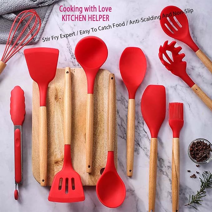 Silicone Kitchen Utensils Set, 12-piece Cooking Utensils Set Non-stick Cookware Is Heat-resistant, BPA-Free, Cooking Tools, Stirring Kitchen Tool Set (Red Kitchen Utensils)
