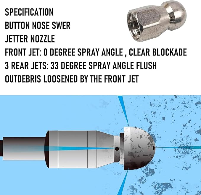 Xiny Tool Sewer Jetter Kit for Pressure Washer 50FT, 4000 PSI Drain Cleaner Hose 1/4 Inch NPT, Corner Rotating and Button Hose Sewer Jetting Nozzle Pearl Corsage Pin Tape Handle Strap Spanner, Blue