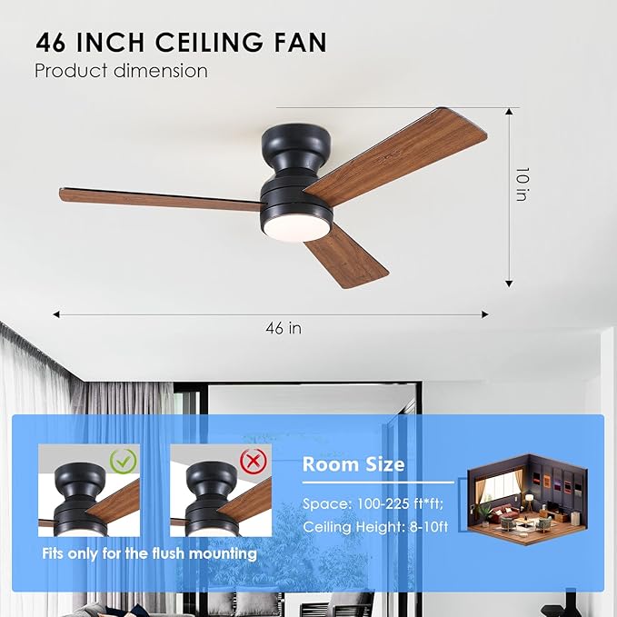 Asyko 46" Brown Low Profile Ceiling Fans with Lights and Remote, Modern Indoor Ceiling Fan Light with Quiet Reversible DC Motor, Flush Mount Ceiling Fans with Dimmable LED for Bedroom Kitchen