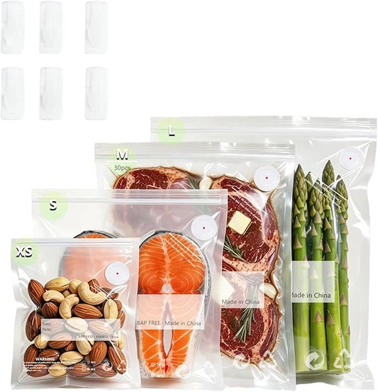 Reusable Vacuum Sealer Bags for Food – 30 Pack 10.2 * 13.4 Inches, Leak-Proof & BPA-Free, Includes 3 Free Bag Clips, Ideal for Food Storage, Freezer & Handheld Vacuum Sealer Compatible | Leak-Proof