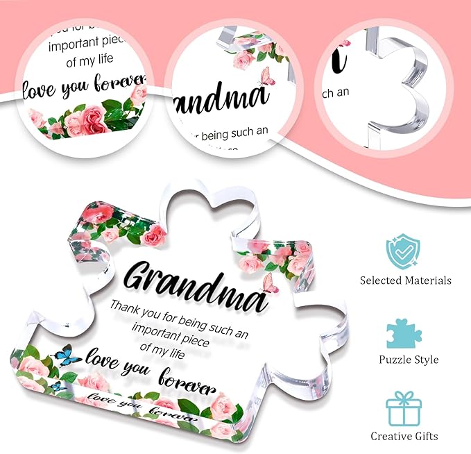Mothers Day Mom Gifts for Grandma from Granddaughter Grandson - Cute Engraved Acrylic Block Puzzle Piece - Mother's,Christmas,Birthday, Anniversary Home Office Desk Presents Ideas for Women Her