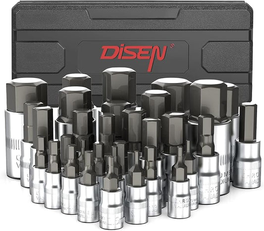 DISEN 32-Piece HEX Bit Socket Set, SAE & Metric Allen Wrench Socket Set with Enhanced Storage Case, Premium Heat Treated Chrome Vanadium Steel & S2 Alloy Steel