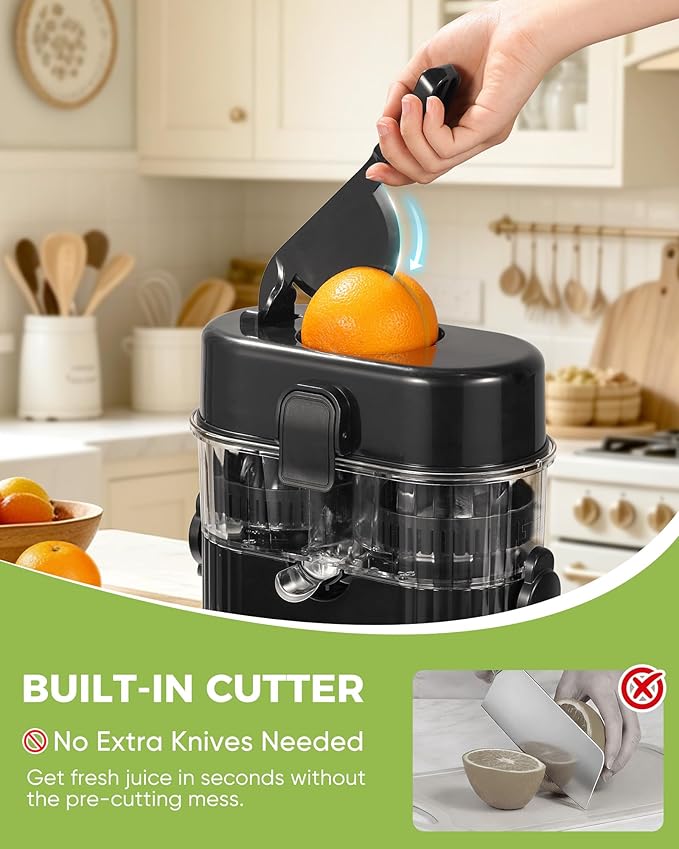 Electric Orange Juicer, Dual-Head Citrus Juicer Squeezer with Power Cord & Cleaning Brush, Built-in Cutter, One-Touch Automatic Electric Juicer Machine for Orange, Lemon and Grapefruit, Black