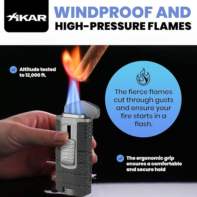 XIKAR Tactical Triple-Jet Lighter, Black and Gunmetal | Powerful Jet Flame for Cigars with Pocket Clip, EZ-View Fuel Window, Adjustable Flame Height & Pull Down Ignition Trigger, Ideal for Outdoor Use