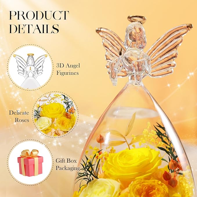 Mothers Day Roses Gifts for Mom Forever Preserved Real Roses Flowers in Glass Angel Figurines Fresh Flowers for Delivery for Grandma Women Mom Wife from Daughter/Yellow