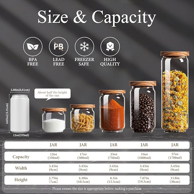 Glass Jars with Airtight Wood Lids - 11 oz Mini Kitchen Pantry Storage Containers, Stackable Decorative Canisters for Chia Seed, Sugar, Tea, Spice, Salt, Matcha, Nuts, Sauce, Cocoa powder, Set of 2