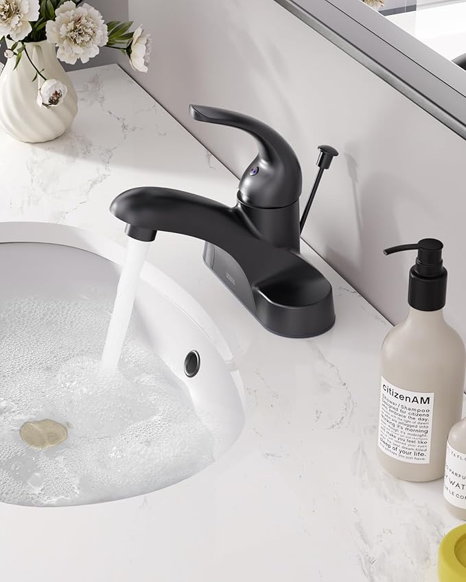 WOWOW Black Bathroom Faucet One Handle 4 inch Centerset Bathroom Faucets with Lift Rod Drain Assembly Sink Faucet Lavatory Faucet Matte Black Bathroom Faucets