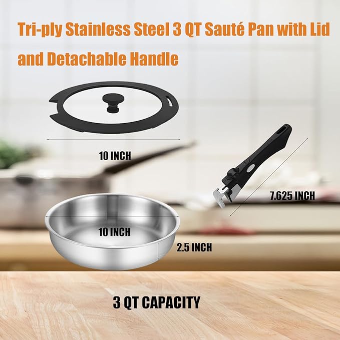 Inqibee Tri-Ply Stainless Steel Cookware Set with Removable Handle, Detachable Handle 10 Inch Deep Frying Pan, 3 QT Sauté Pan with Lid, Induction Kitchen Cooking, Dishwasher and Oven Safe