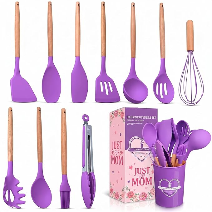 12 Pcs Purple Kitchen Utensils Set with Holder – Versatile Silicone Utensils Set for Cooking and Baking, Gentle on Pots and Pans, Heat-Resistant, Stylish, Easy to Clean, Purple Kitchen Accessories