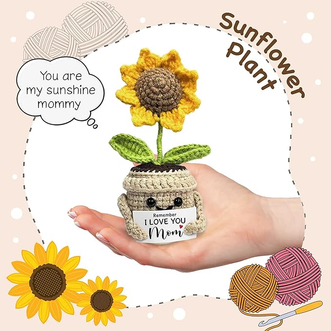 Mini Birthday Gifts for Mom, Mom Gifts from Daughters Remember I Love You MOM, Handmade Crochet Cute Small Sunflower Gifts, Gift for Mom from Daughter, Son, Mothers Day for Mom