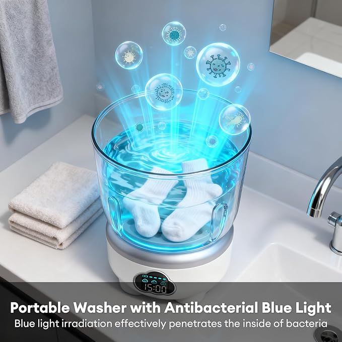 Mini Washing Machine 2025 Portable, 1.6L Compact Washer with 3000mAh Rechargeable Battery – Cordless Portable Small Washing Machine for Underwear, Baby Clothes, Socks,Ideal for Travel,Dorm,RV,Camping