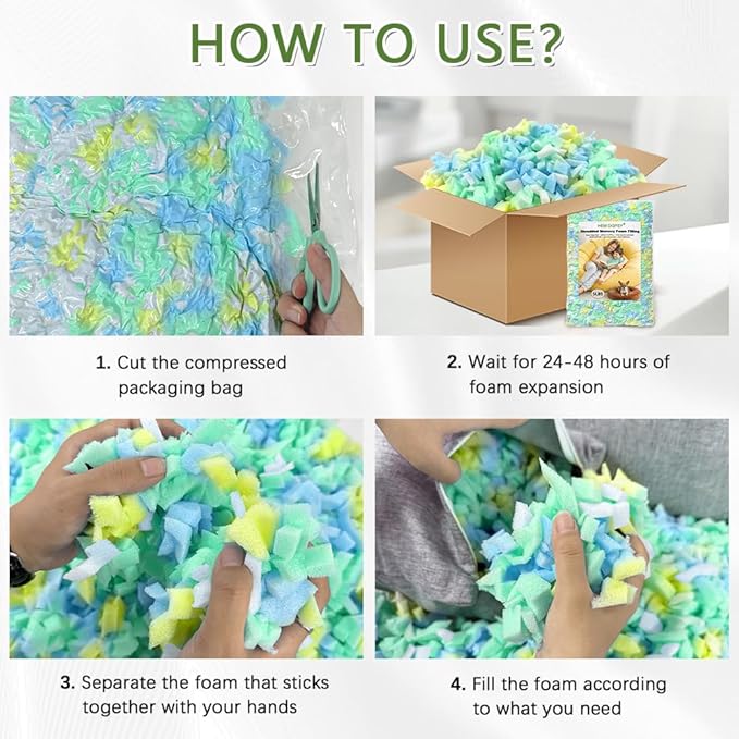 Bean Bag Filler 15lbs, Stuffing for Bean Bag Chair Refill, Shredded Memory Foam Filling for Punching Bag, Couch, Cushions, Dog Bed, Pillows (Multi Color)
