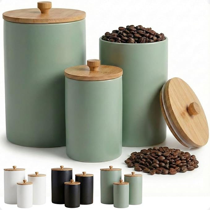 Ceramic Kitchen Canisters for Countertop Set of 3 with Airtight Bamboo Lids - Sage Kitchen Canisters with Airtight Lids - Flour Sugar Canister Set - Flour and Sugar Containers Farmhouse - Coffee Jar