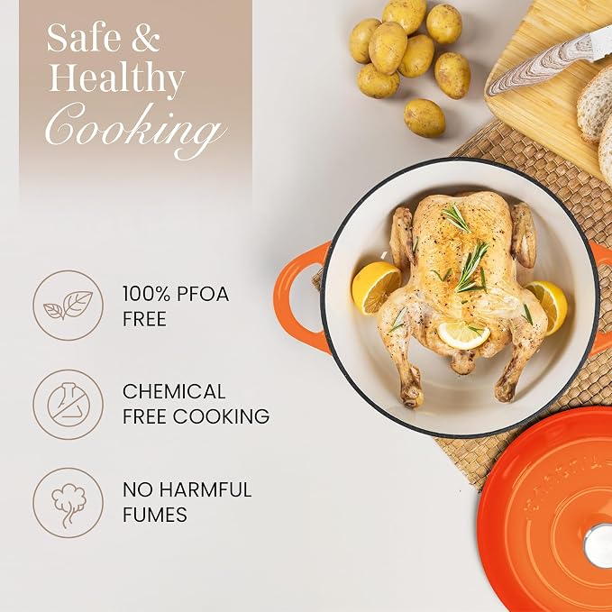 Cast Iron Dutch Oven with Lid-Non-Stick Ovenproof Enamelled Casserole Pot- Sturdy Dutch Oven Cookware - Orange, 3.1- Quart, 22cm- by Nuovva