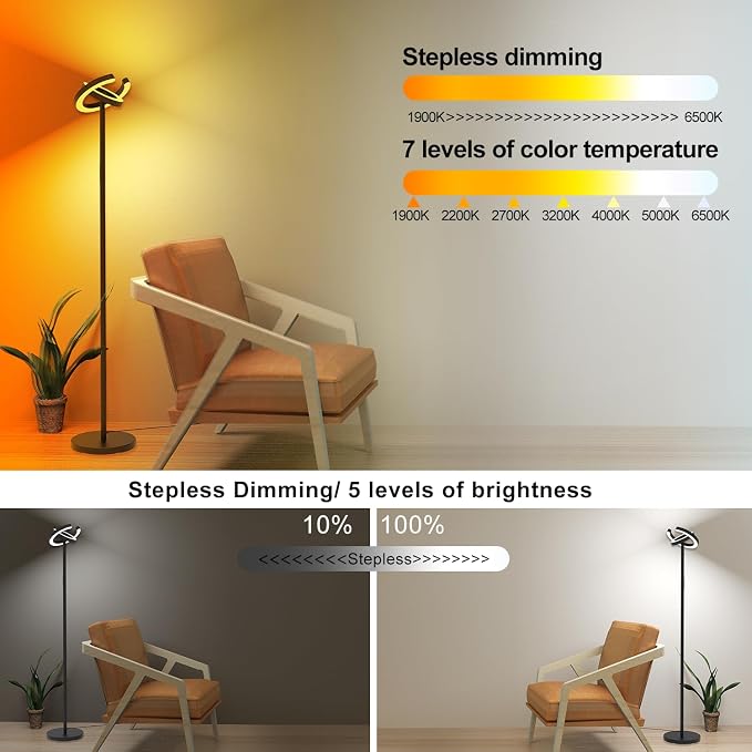 EPABINA Floor Lamp for Living Room, 75.5 Inch Tall Standing Lamp for Bedroom with 2 312° Rotatable Ring Lights, 36W Bright Stepless Dimmable LED Floor Light with Remote Control for Office Dining Room