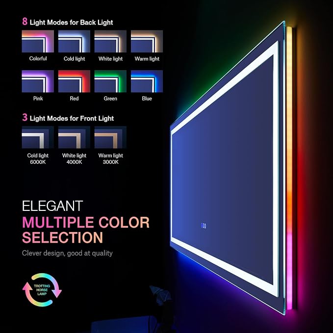 LOAAO 60"X28" RGB LED Bathroom Mirror with Lights, Anti-Fog, Dimmable, Lighted Bathroom Vanity Mirror, Multiple Light Modes, RGB Backlit + Front Light, Memory Function, Tempered Glass, ETL Listed