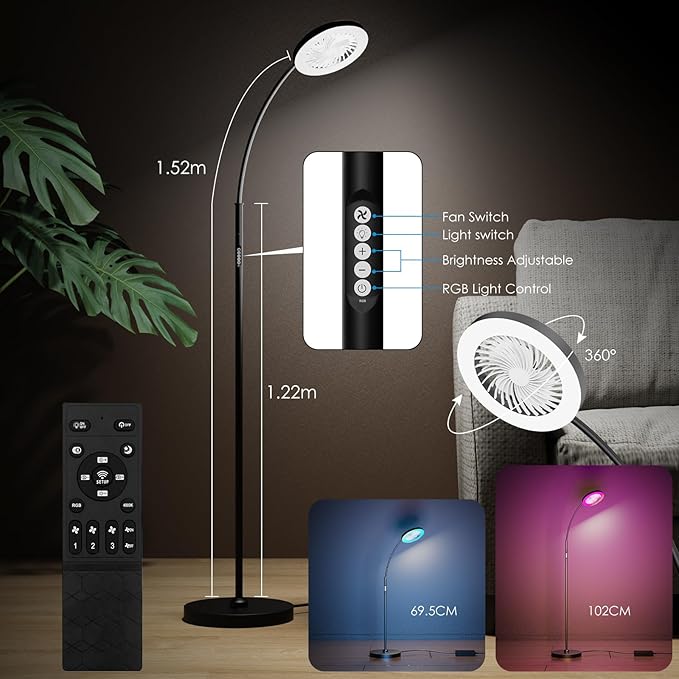 Floor Fan with RGB Lights Lamp 18w 1200Lm LED Light Fixture with Standing Fan and Remote（Black）