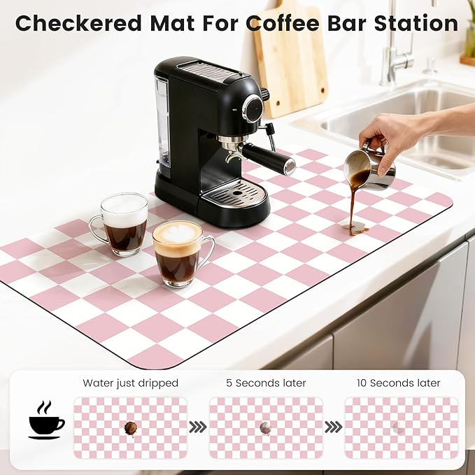 17" x 32" Checkered Dish Drying Mat for Kitchen Counter, Absorbent Coffee Bar Mat for Espresso Machine Coffee Countertops Accessories, Pink