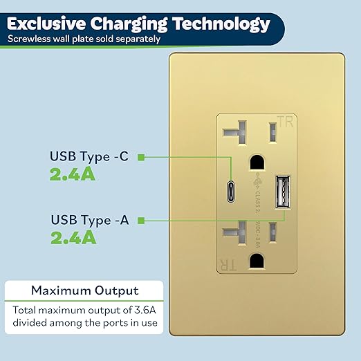 TOPGREENER 2-Port USB Outlet, Type C USB Wall Charger Outlet, 20 Amp TR Receptacle Plug, Charging Power Outlet with USB Ports, Wall Plate Included, UL Listed,TU22036AC-GDWSI, Gold