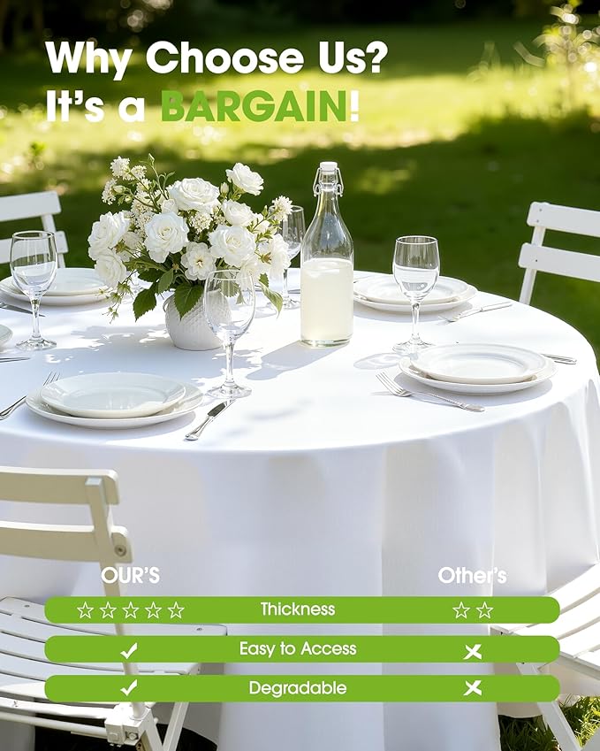 Pureegg Plastic Table Cloth Disposable 20 Pack, 84'' Round Table Cloths, Party, Picnic, Wedding, Decorative Tablecloths, Round, White Plastic Cover, Leakproof & Sturdy, White