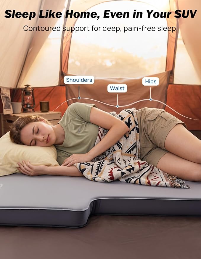 JOYTUTUS Foam & Air Camping Mattress for SUV - 4" Thickened Self-Inflating Car Bed, Wear-Resistant, Portable Sleeping Pad Fits Most Mid-to-Full Size SUV Trunks & Rear Seats, Gray