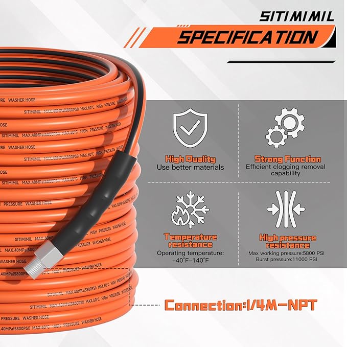 Sewer Jetter Kit for Pressure Washer 100FT,5800psi Drain Cleaner Hose 1/4 Inch Npt Corner, with 5 Sewer Jetting Nozzles Sealing Tape Pearl Corsage Pin Spanner Glove Drain Snake