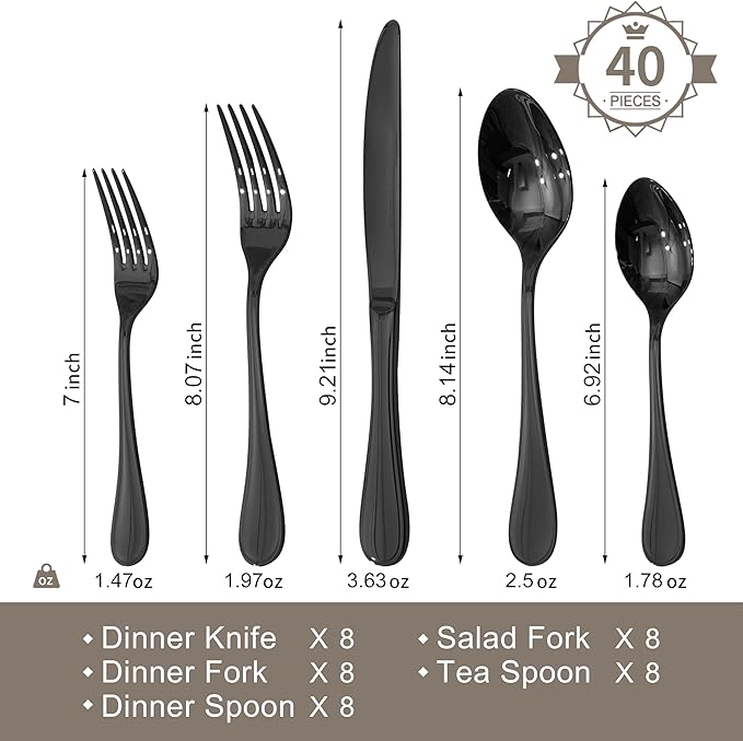 KINGSTONE 40 Piece Teardrop Silverware Set for 8, 18/10 Stainless Steel Flatware Set, Modern Design Cutlery Set for Home/Hotel/Wedding,Mirror Polished and Dishwasher Safe, Black