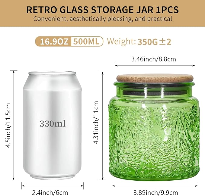 1Pc Snowflakes Style Vintage Glass Candy Jar with Airtight Bamboo Lid, Kitchen Storage Canister for Sugar, Coffee, Tea, Cookies, Bath Salt - Decorative Mason Jar for Pantry & Counter (1, Green, 17oz)