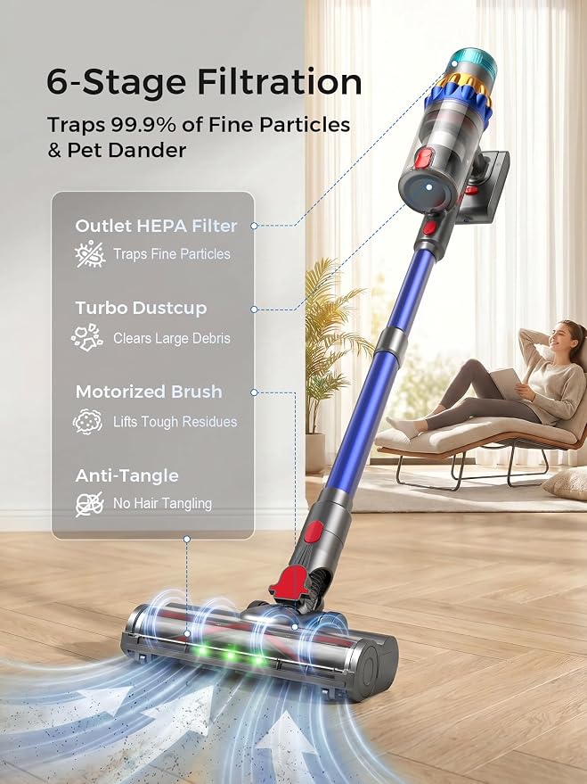 Smart Cordless Vacuum Cleaner, 650W 60KPa 75Min Vacuum Cleaner for Home | 8-in-1 Stick Handheld Vacuum for Pet Hair, Hard Floor, Carpet, Intelligent Auto Mode, Lightweight, Anti-Tangle, Self-Standing