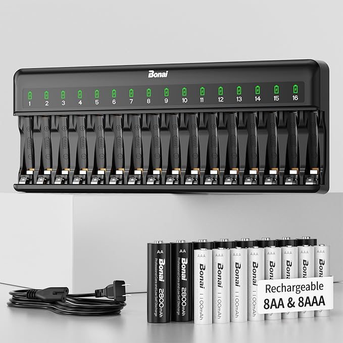Bonai Rechargeable AA and AAA Batteries with Charger, 8 x 2800mAh AA & 8 x 1100mAh AAA & 16 Bay Advanced Individual Fast Battery Charge with American AC Plug