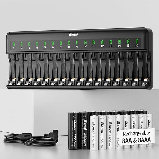 Bonai Rechargeable AA and AAA Batteries with Charger, 8 x 2800mAh AA & 8 x 1100mAh AAA & 16 Bay Advanced Individual Fast Battery Charge with American AC Plug