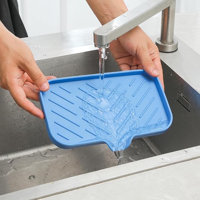 MicoYang Silicone Soap Dish with Drain Spout — Self-Draining Sink Organizer Tray for Bathroom & Kitchen, Sponges, Dispensers & Soap Holder, Non-Slip & Dishwasher Safe, Lichen Blue (Medium, 9.6"×5.3")