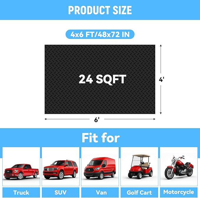4x6 FT Garage Floor Mat, 2.8mm Thickened PVC Flooring Roll for Under Car, Golf Cart Parking Mat, Diamond Plate Black Motorcycle Mat for Warehouse, Basement, Gyms, Trailer（Included Tapes）