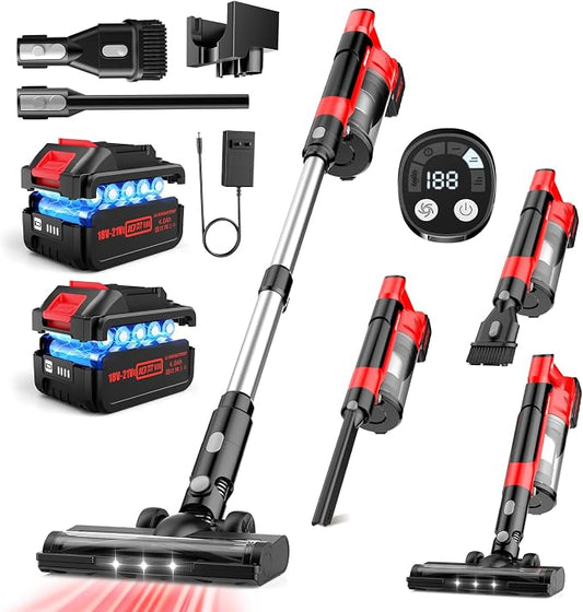 700W Cordless Vacuum Cleaner, 2×4000mAh Brushless Vacuum Cleaners for Home, 6 in 1 Lightweight Stick Vacuum 60kPa, 3 Suction, Portable Handheld Cordless Vacuum for Pet Hair/Hardwood Floor/Dorm Red