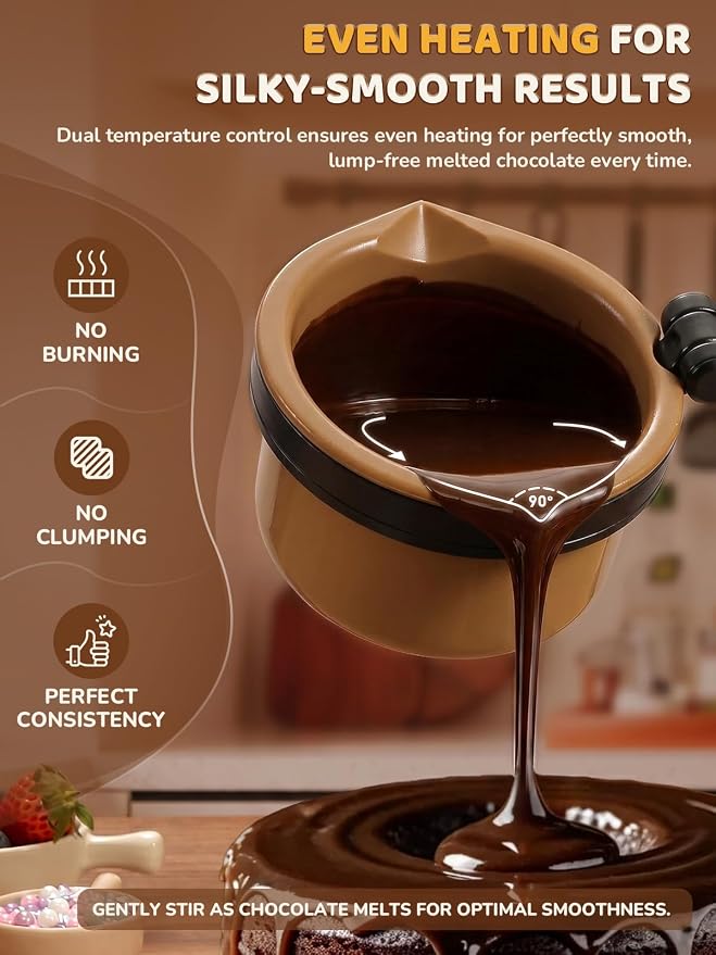 Electric Chocolate Melting Pot with 2 Insert Pots, 4-Cup Chocolate | Even Heating, Fast Melting, BPA-Free Silicone, Easy Clean, Less Waste, Ideal for Chocolate, Candy Melts, Parties, Fondue