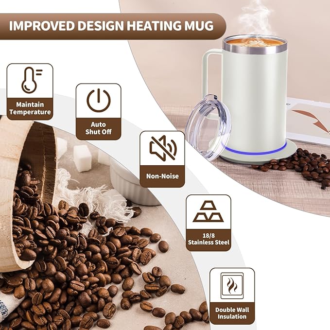 DEQIANG Self Heating Coffee Mug, Heated Coffee Mug with Smart Mug Warmer & Ergonomic Handle, Auto Heat to 131°F, USB-Powered Desk Warmer for Office Home Use, Ideal Coffee Lovers Gift (17oz White)