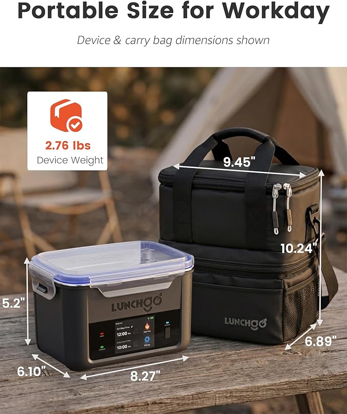 LUNCHGO® G1 – Standard(74 Wh), Smart Electric Heated Lunch Box Food Warmer – Cordless, 5 Cups, Battery Powered, 250°F Max, Scheduled Heating, Perfect for Outdoor Work, On-The-Go Meals (Neon Gray)