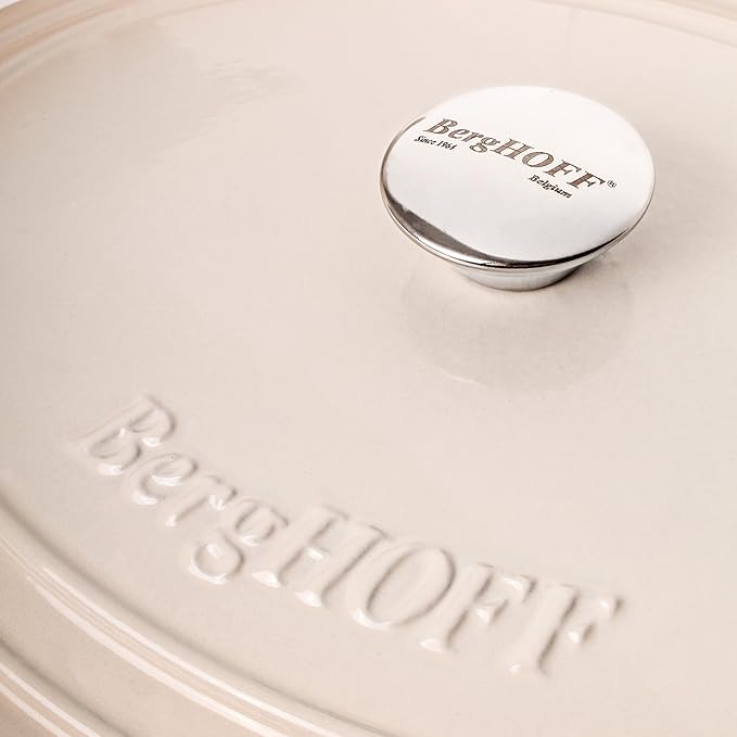 BergHOFF Neo 4Pc Enameled Cast Iron Cookware Set, Grill Pan 11 inches, Fry Pan 10 inches, 3qt. Dutch Oven, Matching Lid, Fast, Evenly Heat, Oven Safe (Meringue)