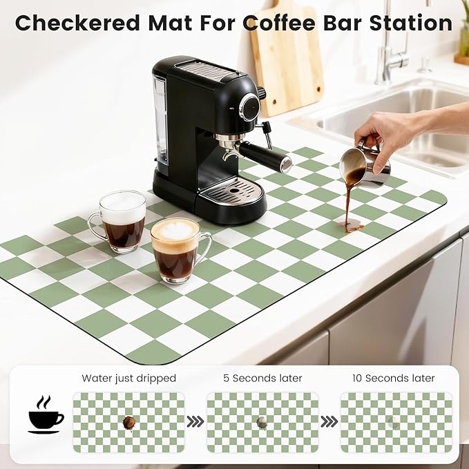 17" x 32" Checkered Dish Drying Mat for Kitchen Counter, Absorbent Coffee Bar Mat for Espresso Machine Coffee Countertops Accessories, Sage