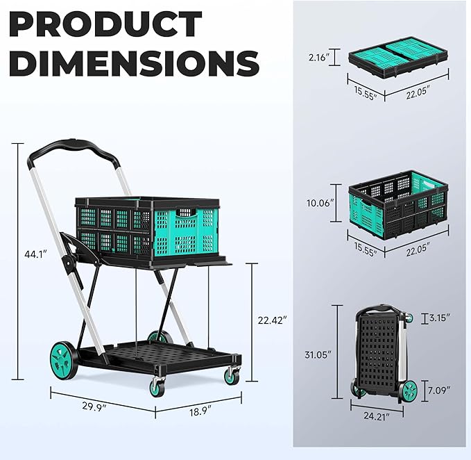 SILVEL 8-in-1 Collapsible Shopping Cart, 200LBS Portable Multi Functional Rolling Crate with 1 Storage Cart,Adjustable Handle Folding Grocery Cart on Wheels for Warehouse, Office, Supermarket, Teal