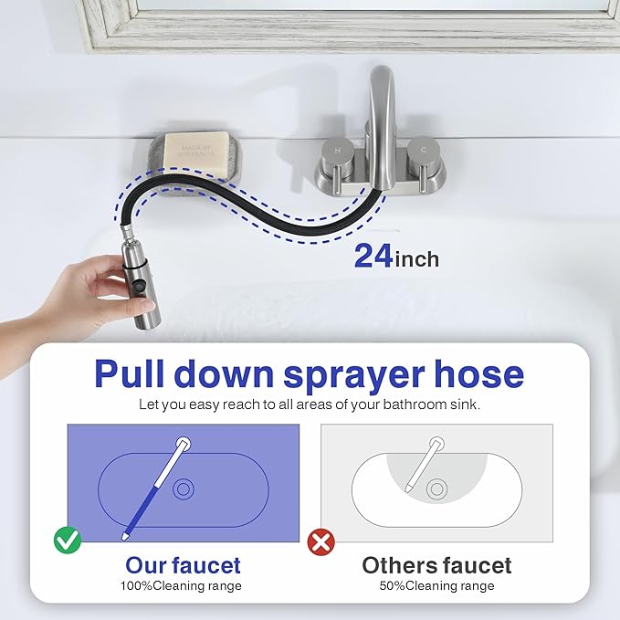 Kablle Bathroom Faucet with Pull Down Sprayer 3 Holes, Brushed Nickel 4 inch 2 Handles Centerset Laundry Bar Basin Pull Out Bathroom Sink Faucet with Pop-Up Drain, KBL-6002BN