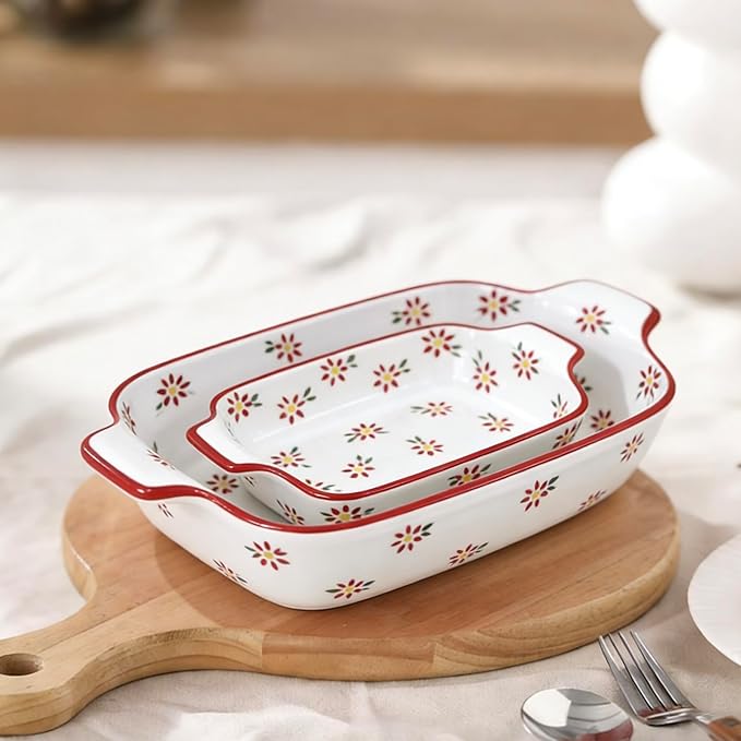 Domini Casserole Dishes for Oven, Ceramic Baking Dishes for Oven Set of 2, Lasagna Pan Deep, Fresh Spring Summer Floral Ceramic Baking Pan Set Square Casserole Dish Set with Handles for Baking, Pattern Flower(13.6+9inch)