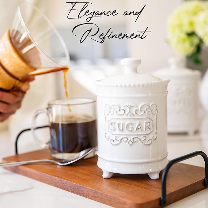 25DOL 25 Ounce Elegant Ceramic Kitchen Canisters Set of 3 - Engraved Coffee Tea Sugar Storage Containers with Feet for Added Style and Stability - Ceramic Jar with Airtight Lid