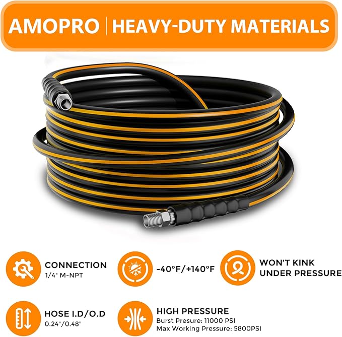 50FT Sewer Jetter Kit for Pressure Washer, 5800PSI Drain Cleaner Hose 1/4 Inch NPT Corner Rotating and Button Nose Sewer Jetting Nozzle Spanner Watertight Tape Pearl Corsage Pin Handle Strap