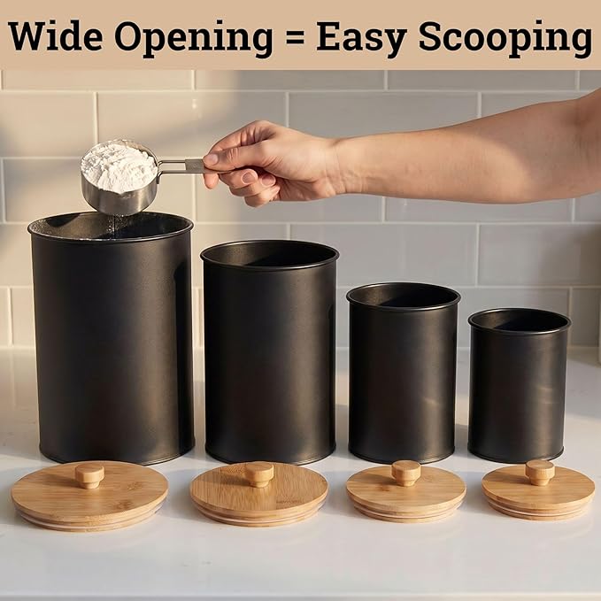 Kitchen Canisters for Countertop Set of 4 with Customizable Chalkboard Labels & Marker Pen - Big Iron Kitchen Canisters with Airtight Lids - Black Canister Set - Flour and Sugar Containers Farmhouse
